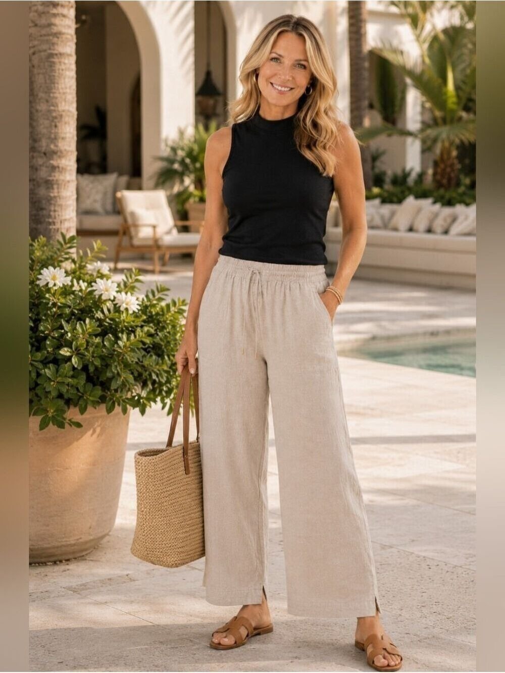 Athleta Linen Wide Leg Pull On Pants Large Beige Natural Casual Coastal